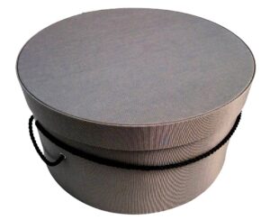 165-Steel gray fabric hatbox with a black cording handle.