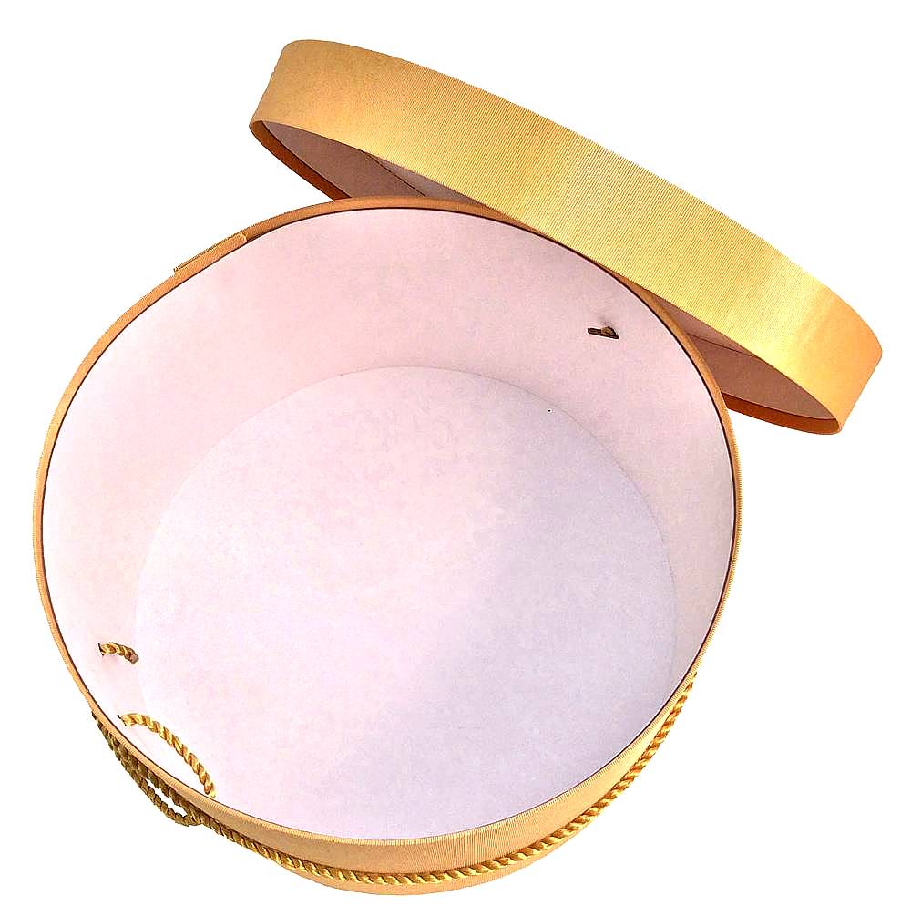 172-A deep rich gold bengaline fabric hatbox with a gold cording handle. - Image 2