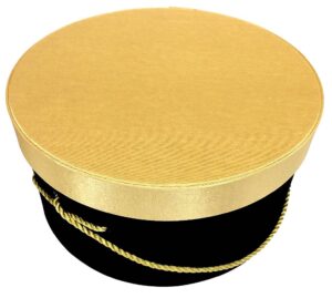 231-Black base with a gold lid and gold cording handle.