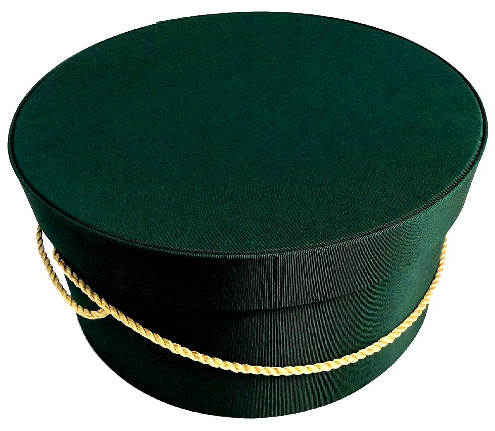 260-Deep forest green hatbox with an ecru colored cord.