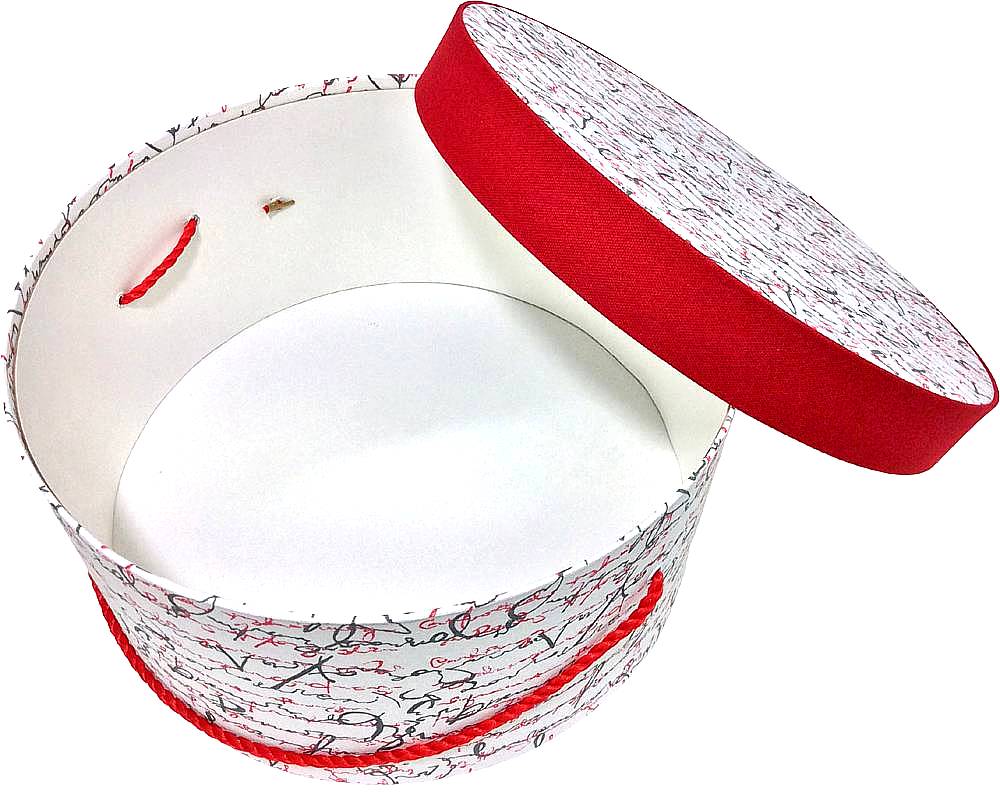 284-Red and gray script design on a white background. With a red lid band and red cording handle. - Image 2