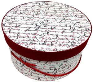 284-Red and gray script design on a white background. With a red lid band and red cording handle.
