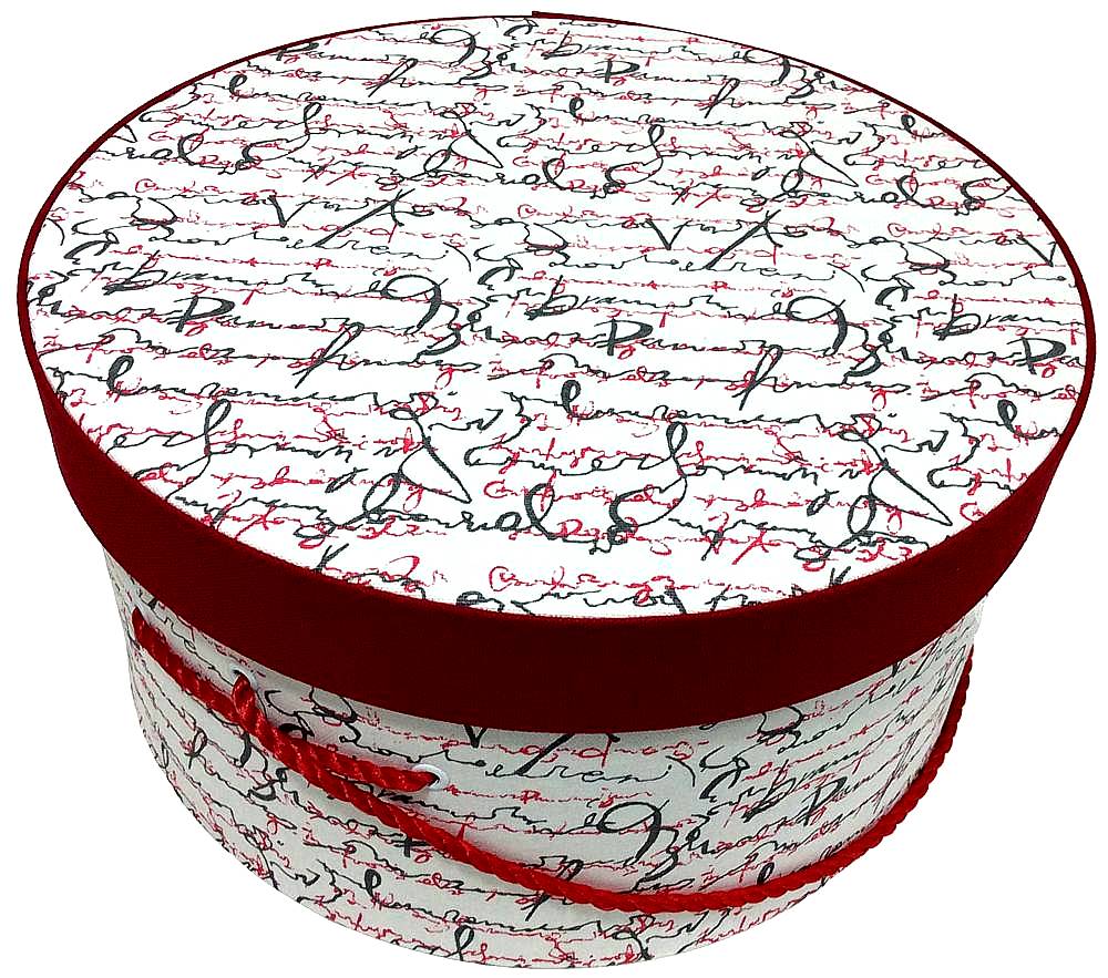 284-Red and gray script design on a white background. With a red lid band and red cording handle.