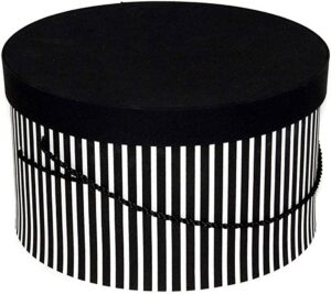 126-A traditional black and white stripe fabric hat box with a solid black lid and black cording handle.