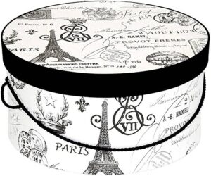 168-Positively Paris! The Eifel tower and french travel theme in black on white background with a black cording handle.