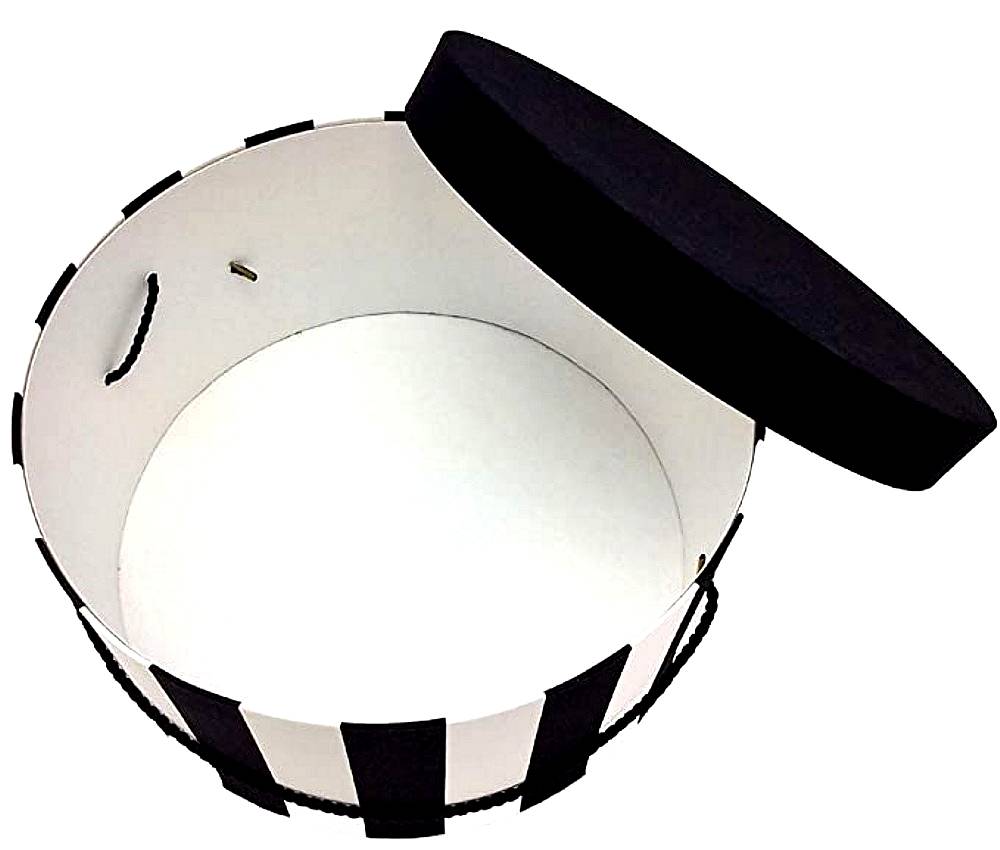 239-A wide black and white stripe fabric base with a black fabric lid. Black cording completes the traditional hatbox. - Image 2