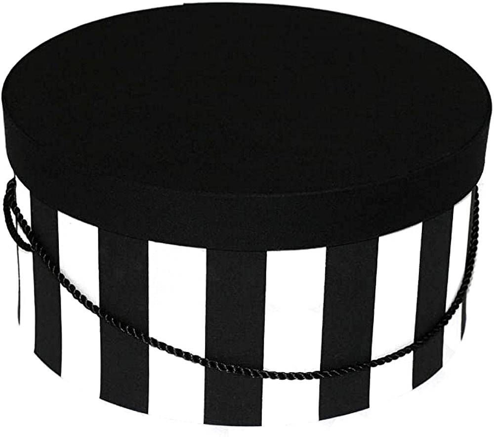 239-A wide black and white stripe fabric base with a black fabric lid. Black cording completes the traditional hatbox.