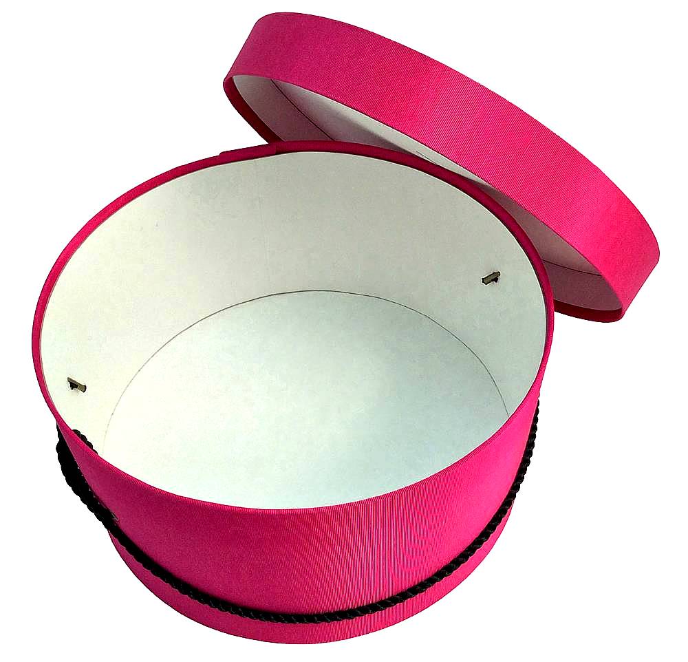 241-Cerise fabric hatbox with a black cording handle. A pretty deep carnation pink bengaline fabric. - Image 2