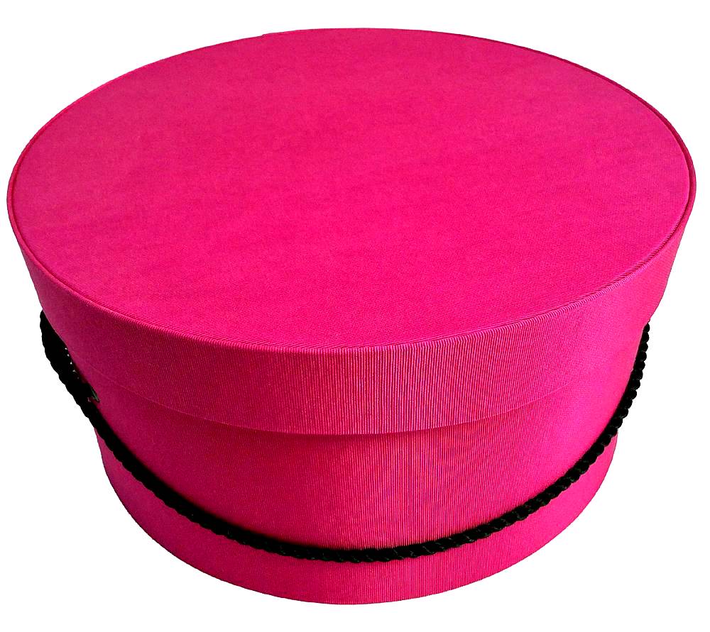 241-Cerise fabric hatbox with a black cording handle. A pretty deep carnation pink bengaline fabric.