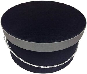 243-Black fabric hatbox with a silver gray lid band and silver cording handle.