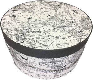 285-Cream background has a unique travel design with antique airplanes circling a map of the world.  This hatbox has a dark gray lid band and gray cording handle.