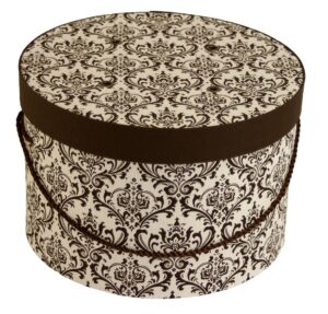 #31 Cream background with a brown damask design has a brown lid band and a brown cording handle.