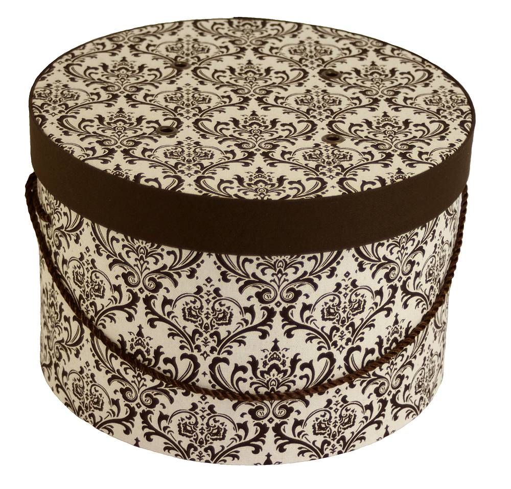 #31 Cream background with a brown damask design has a brown lid band and a brown cording handle.