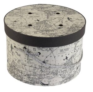 #32 Travel – cream background with a dark gray design of the world, dark gray lid band and a silver cording handle.
