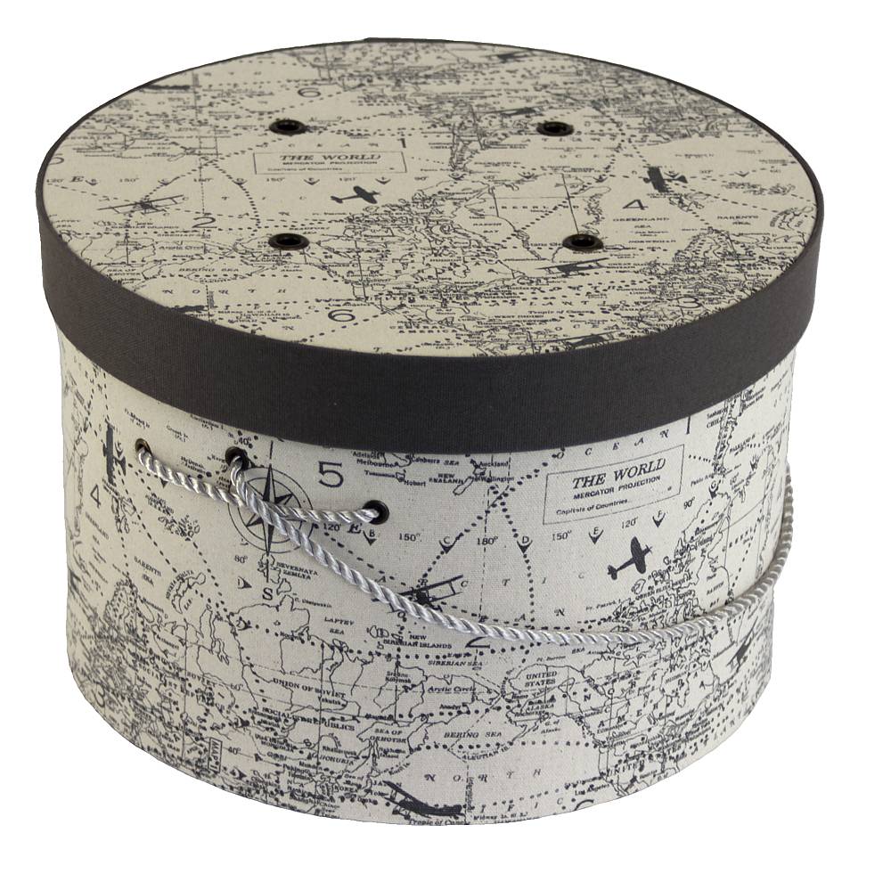 #32 Travel – cream background with a dark gray design of the world, dark gray lid band and a silver cording handle.