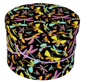 #33 Dragonflies – black background with colorful dragonflies and metallic gold accents with an aqua cording handle