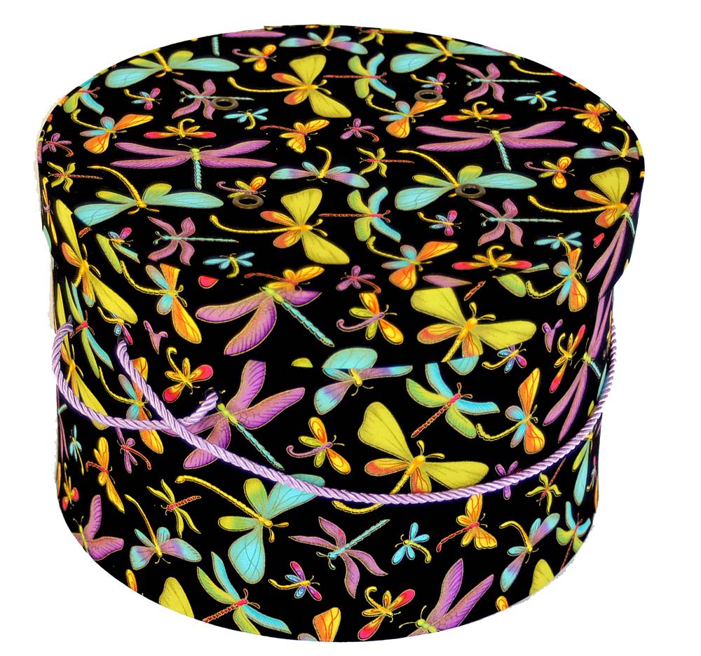 #33 Dragonflies – black background with colorful dragonflies and metallic gold accents with an aqua cording handle
