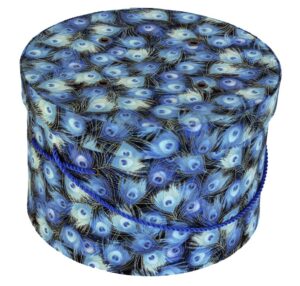 #36 Peacock Feathers – black background with shades of blue, teal, aqua with metallic gold accents and a royal blue cording handle