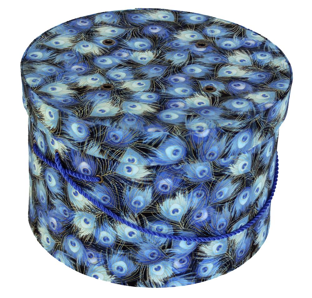 #36 Peacock Feathers – black background with shades of blue, teal, aqua with metallic gold accents and a royal blue cording handle