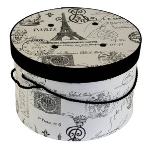 #58 Paris print design fabric with a black fabric lid band and a black cording handle.