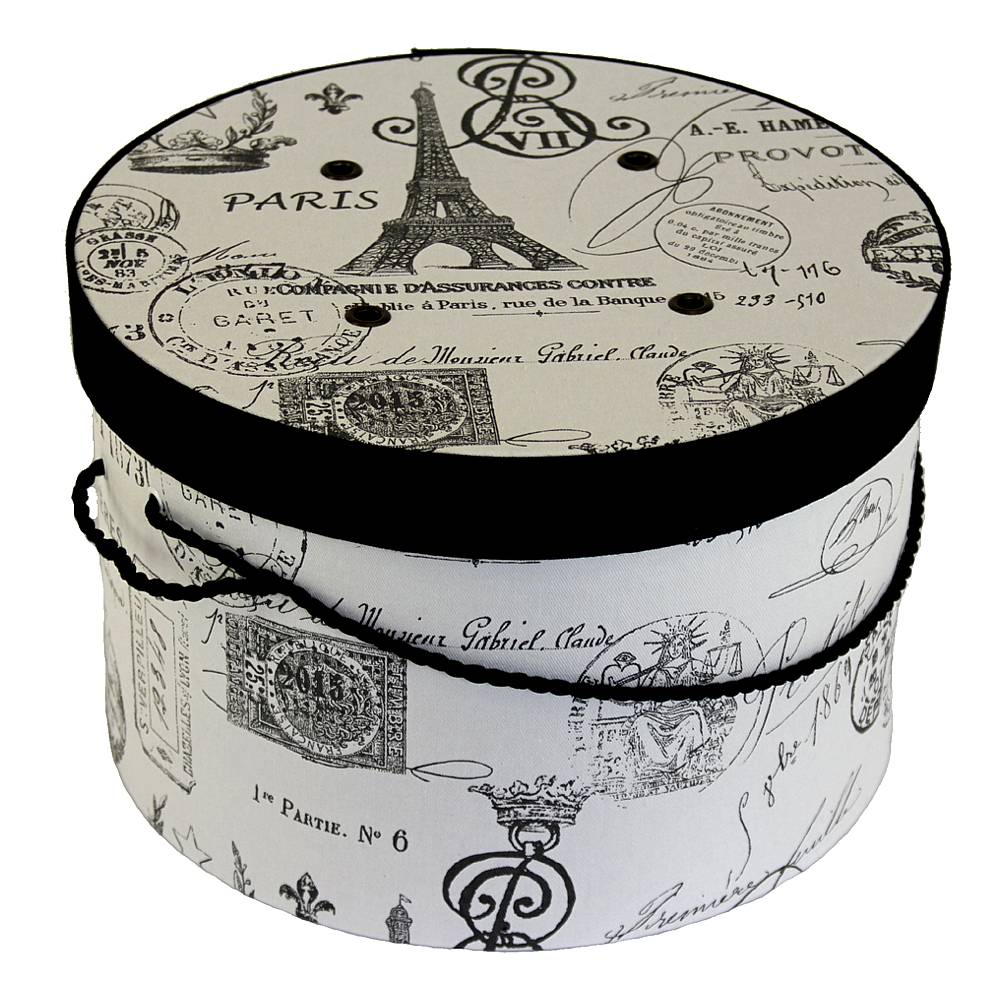 #58 Paris print design fabric with a black fabric lid band and a black cording handle.