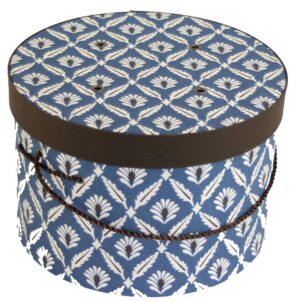 #61 Colonial blue, brown and cream design fabric with a brown fabric lid band and a brown cording handle.