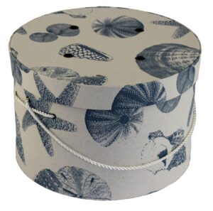 #79 Cream background with blue shells has a cream cording handle.