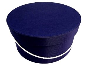 10IN Navy blue fabric hatbox with a cream cording handle and hat insert.