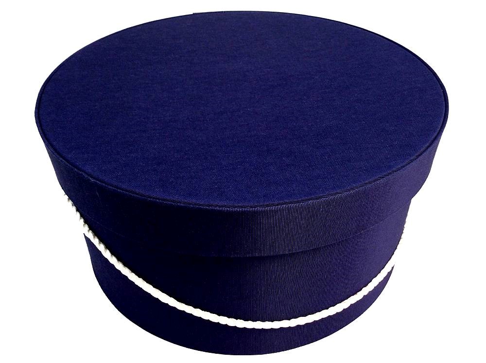 10IN Navy blue fabric hatbox with a cream cording handle and hat insert.