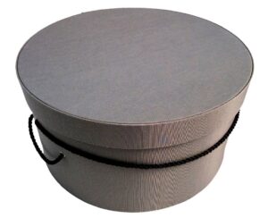 165IN Steel gray fabric hatbox with a black cording handle and hat insert.