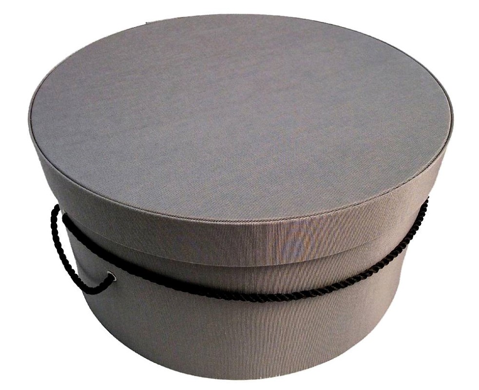 165IN Steel gray fabric hatbox with a black cording handle and hat insert.