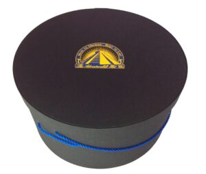 177AB Adventurebilt black fabric hatbox with a blue cording handle and a hat insert.