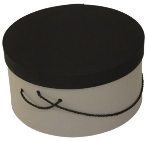 206IN Grey linen fabric hatbox with a black linen fabric lid has a black cording handle and hat insert.