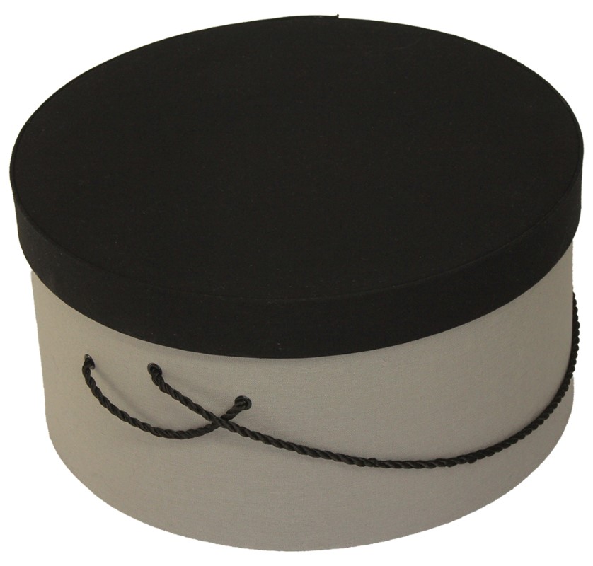 206IN Grey linen fabric hatbox with a black linen fabric lid has a black cording handle and hat insert.