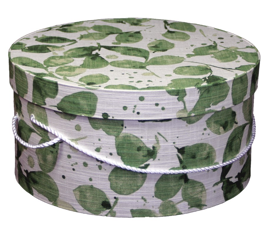 240 White fabric hatbox with a green leaf design and a white cording handle.
