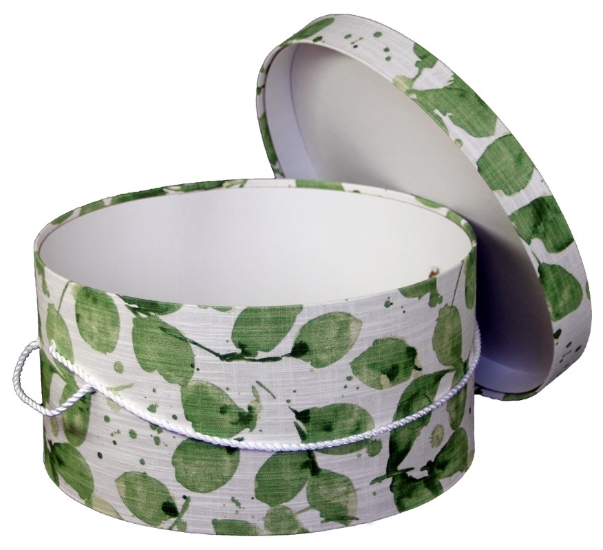 240 White fabric hatbox with a green leaf design and a white cording handle. - Image 2