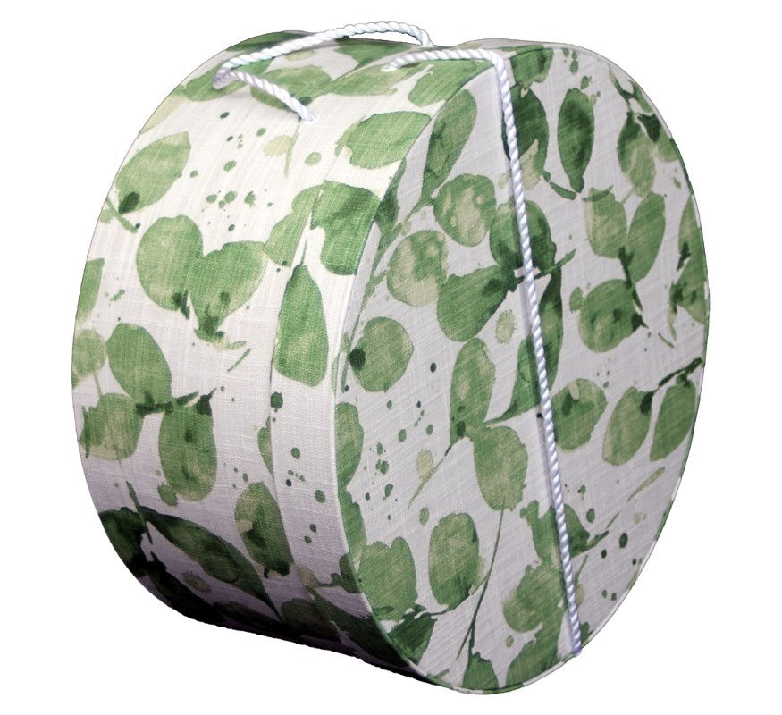 240 White fabric hatbox with a green leaf design and a white cording handle. - Image 3