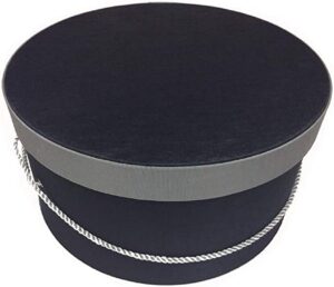 243IN Black fabric hatbox has a gray lid band with gray cording handle and hat insert.