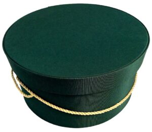 260IN Dark green fabric hatbox with an ecru cording handle and hat insert.