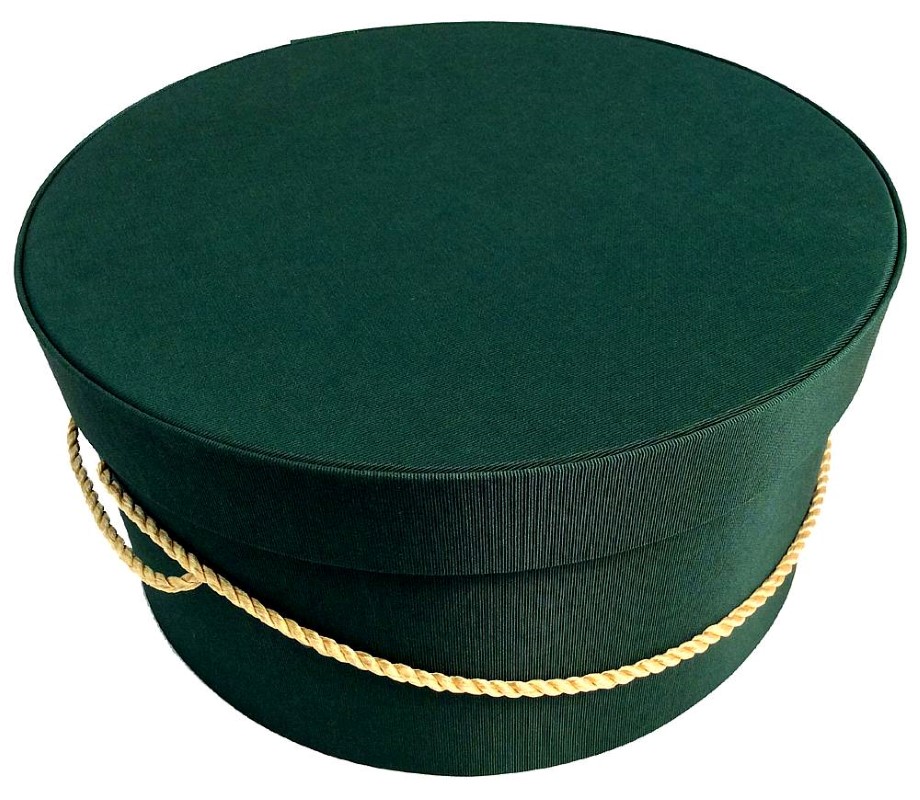 260IN Dark green fabric hatbox with an ecru cording handle and hat insert.