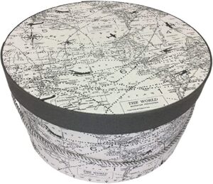 285IN Cream background has a travel design in dark gray with a dark gray lid band a silver cording handle and hat insert.