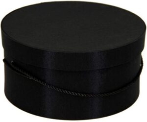 5IN Black fabric hatbox with a black cording handle and hat insert.