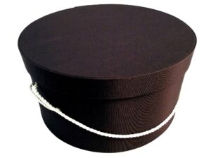 8IN Dark Brown fabric hatbox with a brown cording handle and hat insert.