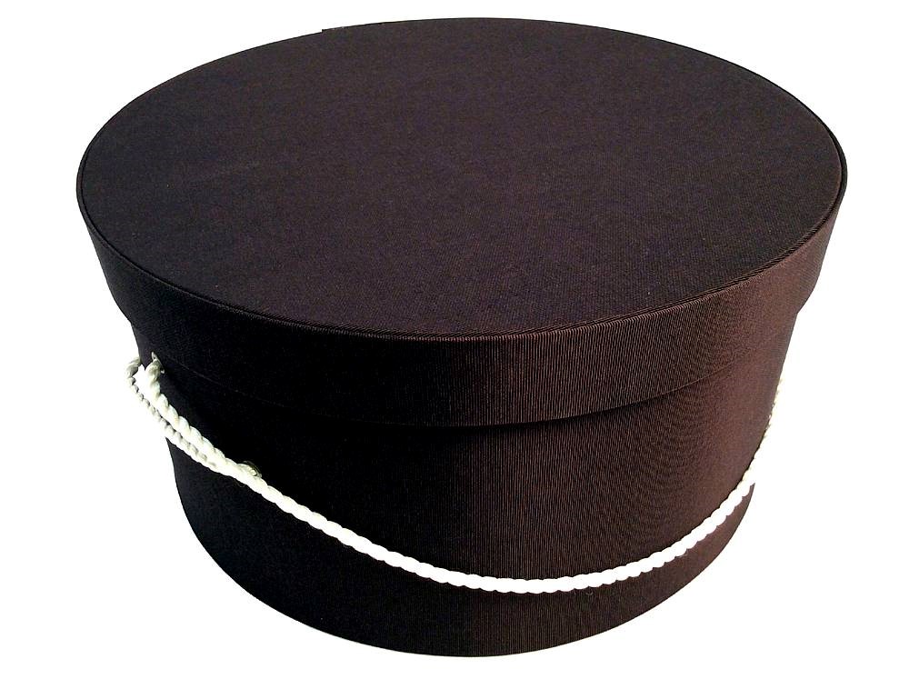8IN Dark Brown fabric hatbox with a brown cording handle and hat insert.