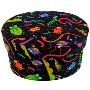 Bugs – black background with bright colored crawly bugs.