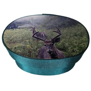 Deer in the mist photo on a dark green fabric box.