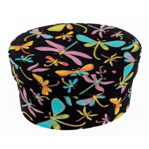 Dragonfly – black background with multi-colored dragonflies accented with gold.