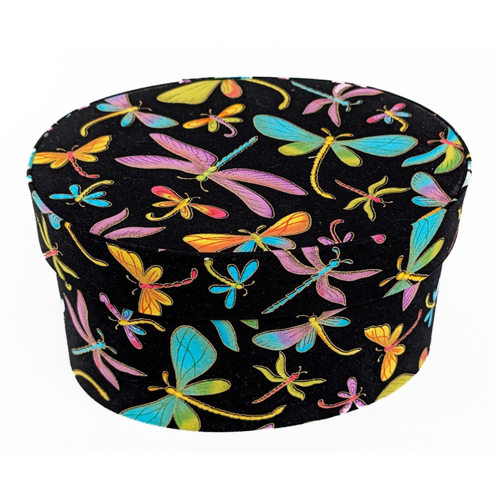 Dragonfly – black background with multi-colored dragonflies accented with gold.