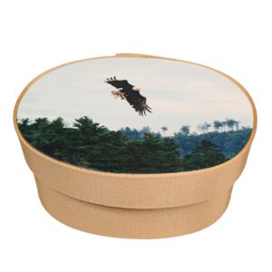 Eagle flying with a fish photo on a gold fabric box.