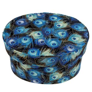 Peacock Feathers – black background with shades of blue feathers and gold accents.